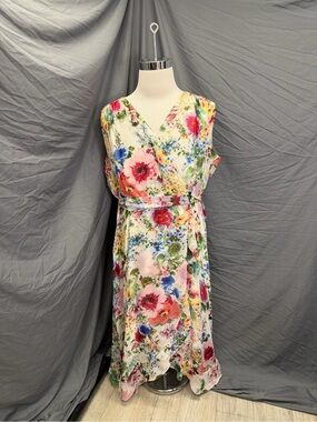 Danny & Nicole Floral Wrap Midi Dress in Cream with Pink, Red, Blue & Green